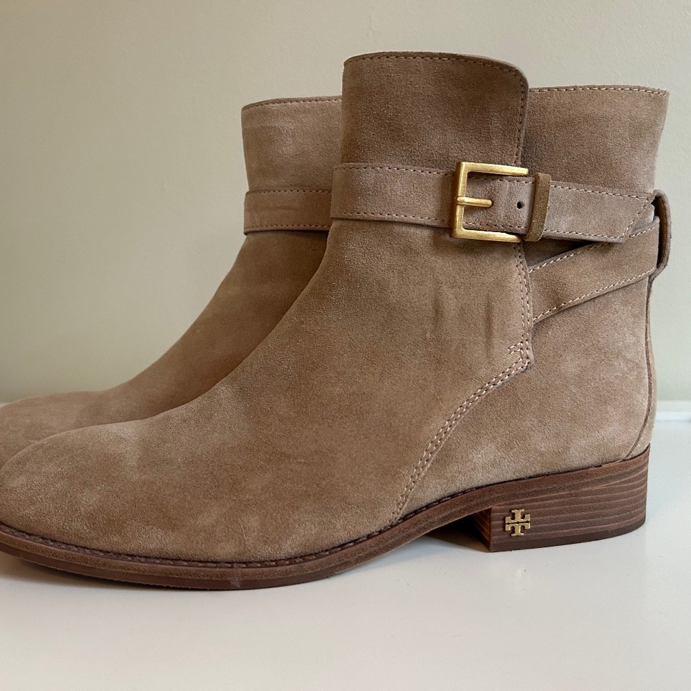 Tory Burch Taupe Suede Ankle Boots with Gold Buckle